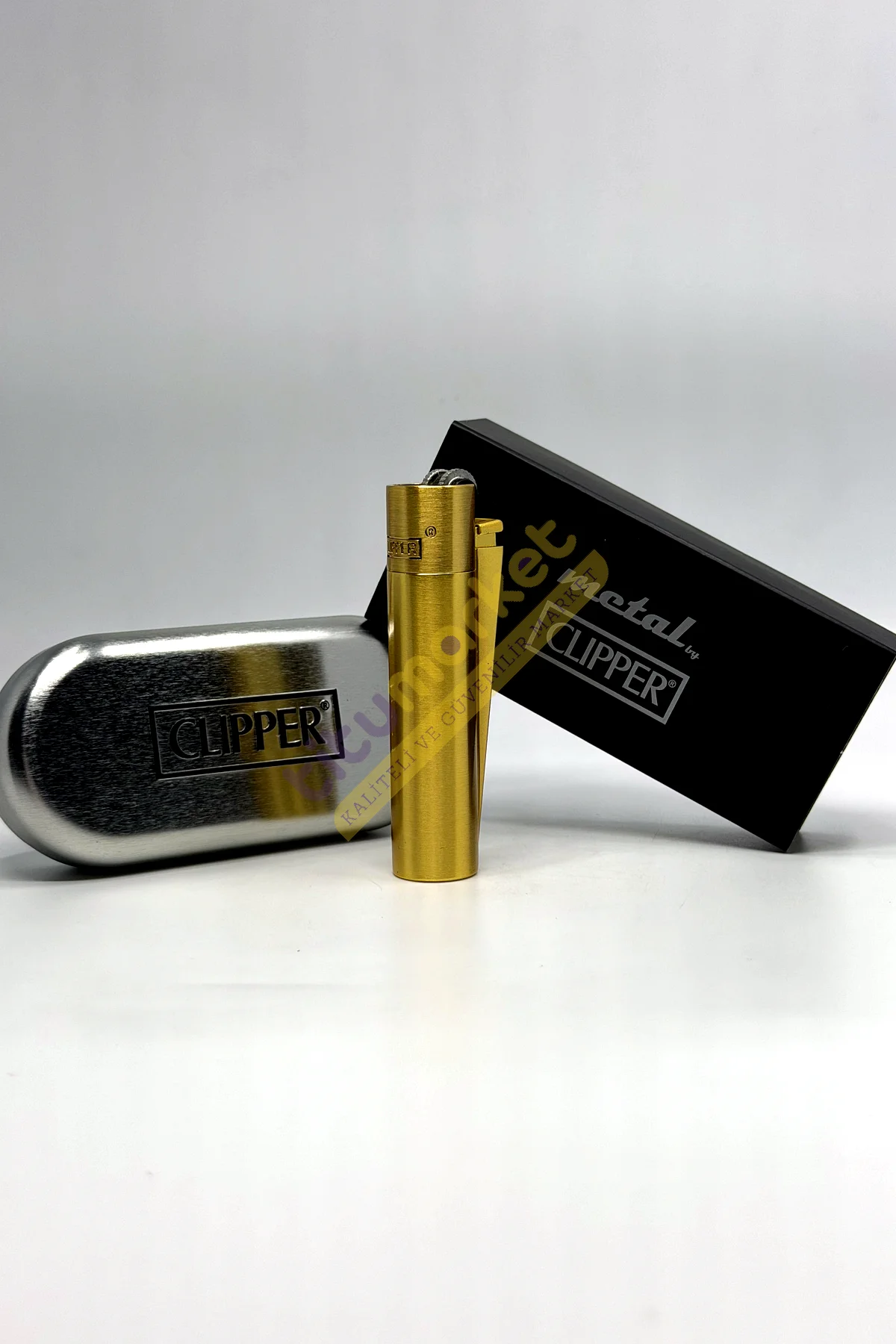 Clipper Kişiye Özel İsimli Gold Mat Renk Full Metal Taşlı Çakmak