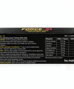 Force-21 kapsül bileşen tablosu: 315 mg kırmızı ginseng, lepidyum, havlıcan, çakşır otu, Çin melek otu, demir dikeni, epimedium