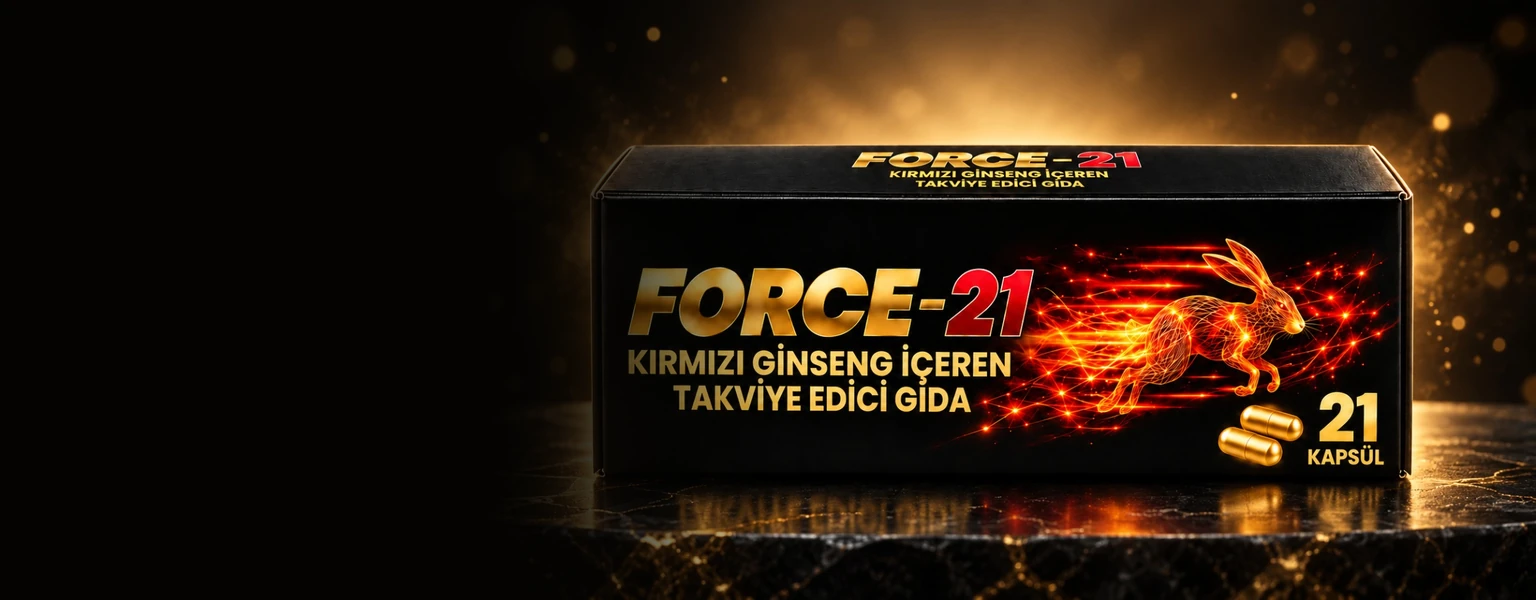 Force-21 kırmızı ginseng kapsül kutusu altın ışıklı sahnede